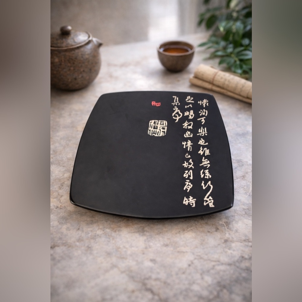 Vintage Baum Bros • Chinese Calligraphy Square Plate • Gloss Black Porcelain